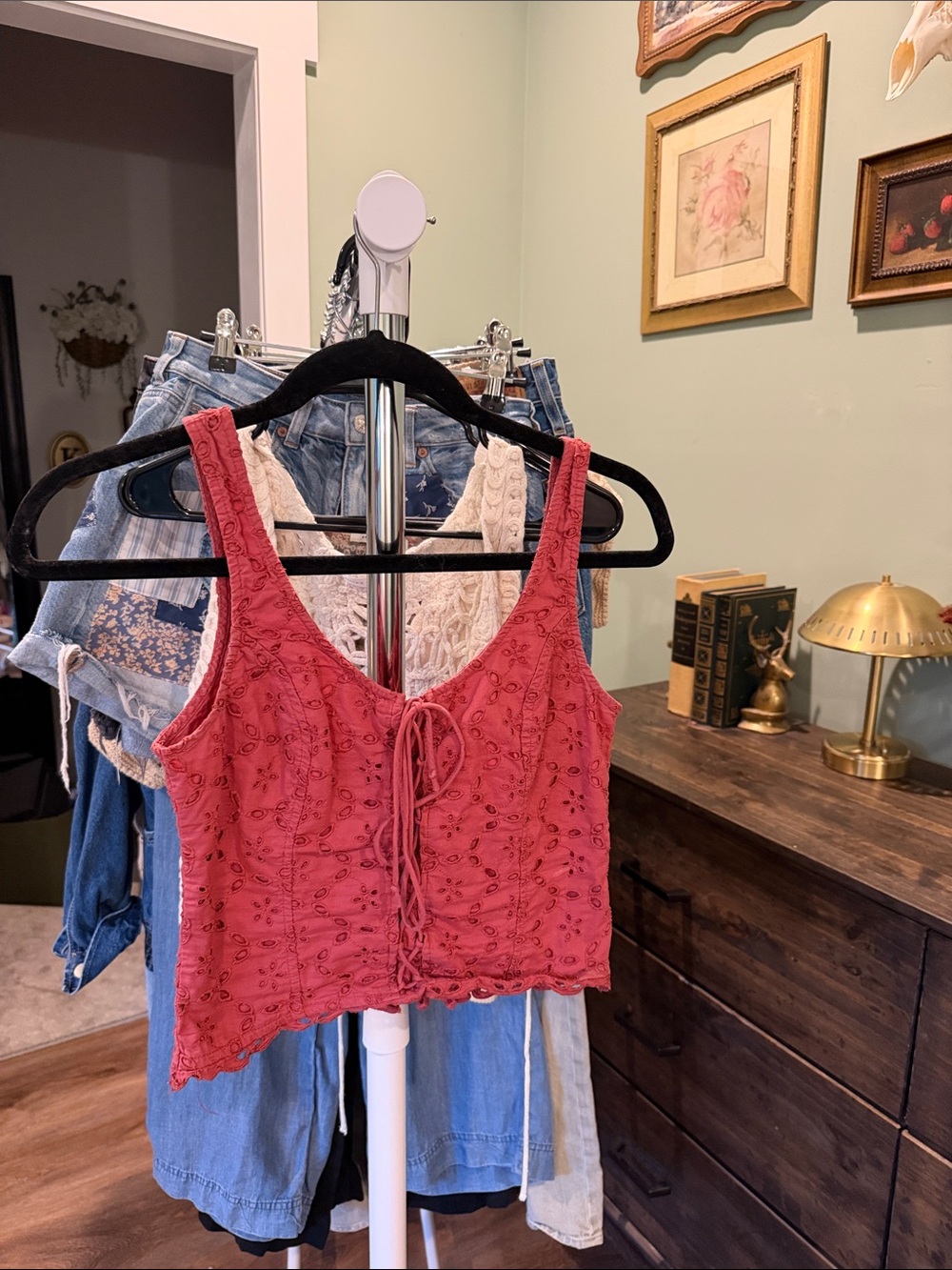 Abercrombie & Fitch Rose Red Eyelet Lace-Up Cropped Tank